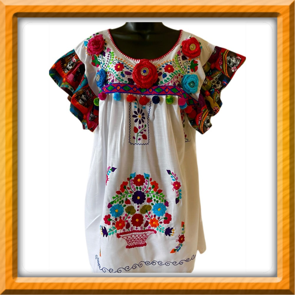 Authentic Mexican Embroidered Crochet Fiesta Dress from the Region of Chiapas 